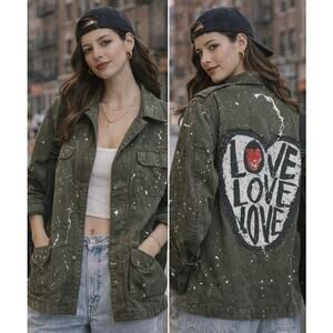 Y2K Vintage Upcycled Military Jacket S/M Green Paint Splatter Utility Streetwear